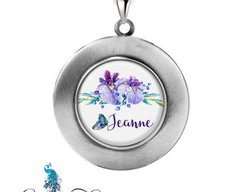 Personalized Photo Locket, Watercolor Iris Flowers Necklace Pendant, Locket Jewelry, Photographs or Custom Message Insert Included