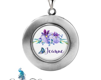 Personalized Photo Locket, Watercolor Iris Flowers Necklace Pendant, Locket Jewelry, Photographs or Custom Message Insert Included