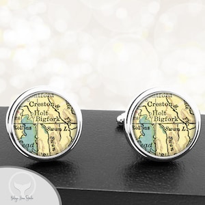 Boutons de manchette Bigfork MT vintage Carte Cufflinks Montana Main Cuff Links City State Antique Maps Groomsmen Wedding Party Fathers Dads Men