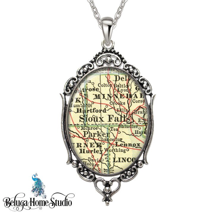 Vintage Map Necklace Oval Filigree Pendant City of Sioux Falls South Dakota Antique Map Pendant State of SD