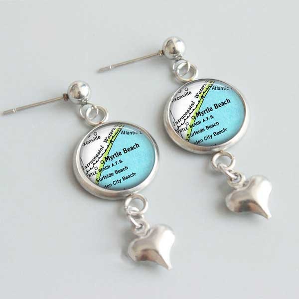 South Carolina Map Earrings / Myrtle Beach SC / Stainless Steel Stud Heart Dangle French Leverback Styles / Map Gifts For Her