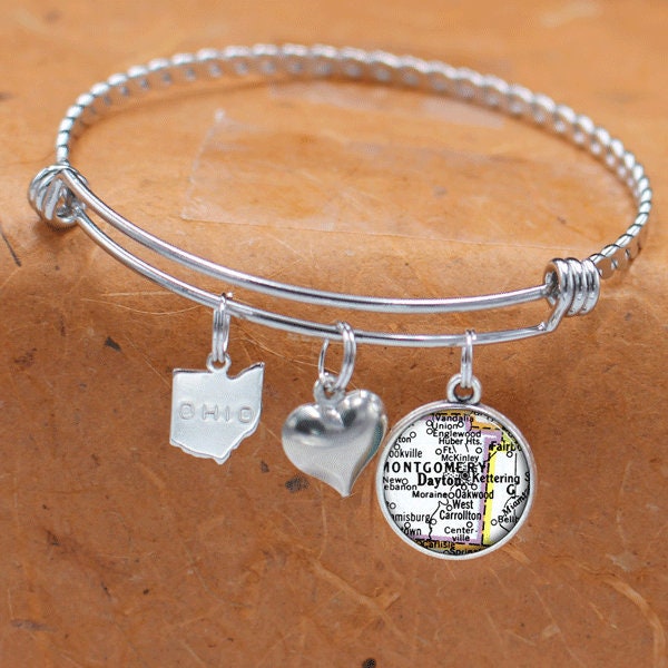 Ohio Map Bracelet / Dayton OH / Charm Bracelet / Vintage Map Jewelry / Bridesmaid Birthday Graduation Gifts For Her