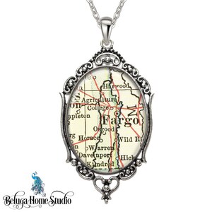 Vintage Map Necklace Oval Filigree Pendant City of Fargo North Dakota Antique Map Pendant State of ND