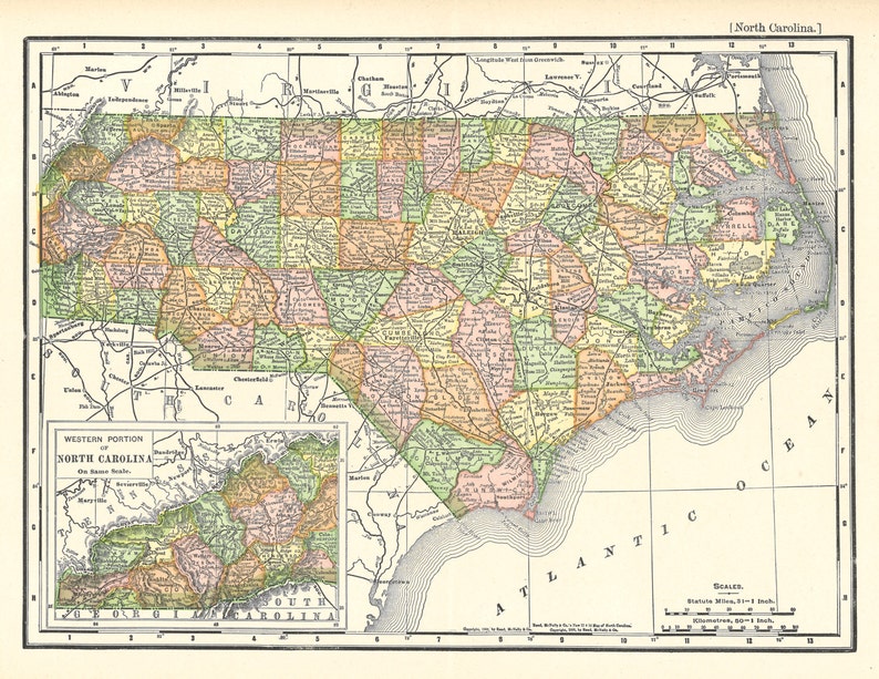 May include: A vintage map of North Carolina, showing the state's counties and major cities. The map is printed in a variety of colours, including green, yellow, orange, and pink. The map also includes a smaller inset map of the western portion of the state.