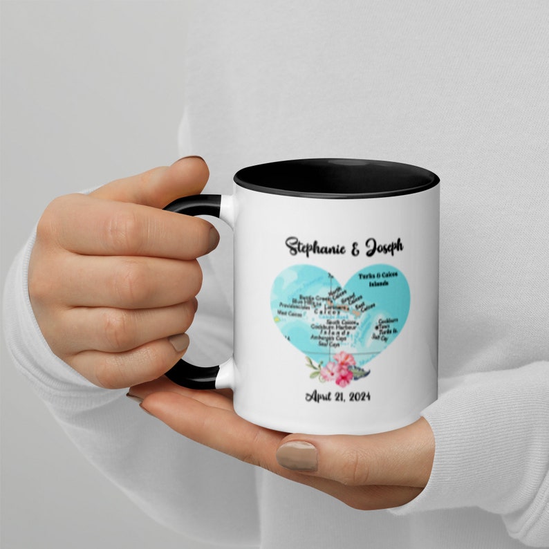 Personalized Map Heart Mug with Color Inside, Tropical Island, Turks and Caicos, Honeymoon Destination, Unique Wedding Gift, Anniversary