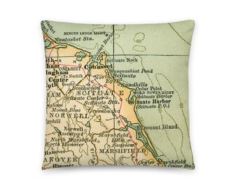 May include: A vintage map of the South Shore of Massachusetts, showing the towns of Cohasset, Scituate, Norwell, and Marshfield. The map is printed on a green background with brown lines and text.
