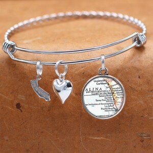 California Map Bracelet / San Diego Beaches CA / Charm Bracelet / Vintage Map Jewelry / Bridesmaid Birthday Graduation Gifts For Her