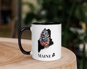 Maine Mug, Color Inside, ME State Flower, Pinecone, Coffee Cup, Drinkware, Art Mug, ME Map Gift, Personalization Available