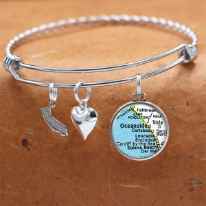 Pulsera de mapa de California / Oceanside CA / pulsera de encanto / Vintage Mapa Joyería / Regalo de dama de honor / Cumpleaños Graduación Boda