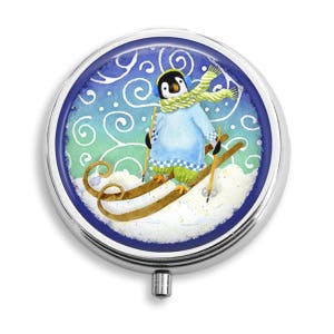 Pill Box Pill Case Skiing Penguin Pill Holder Pill Container Trinket Box PillBox Vitamin Holder Medicine Box Mint Tin