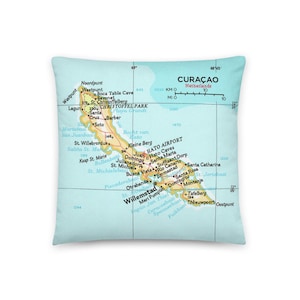 Curaco Caraïbes Carte Oreiller / Custom Vacation Honeymoon Anniversary Cadeaux de mariage / Tropical Beach Ocean Coastal Decor / Wanderlust