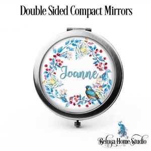 Compact Miroir Baies Fleurs et Couronne florale d’oiseau Les cadeaux Joanne Bridesmaid Cosmétique Miroir Cadeaux personnalisés Anniversaires Dames Femmes