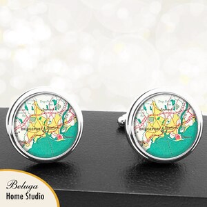 Kaart van manchetknopen Connecticut Bridgeport Stratford Trumball handgemaakte Cuff Links City Maps CT Groomsmen bruiloft partij vaders vaders mannen