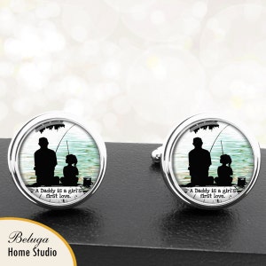 Father Daughter Cufflinks Fishing On Dock A Daddy Is A Girls Best Friend Handmade Cuff Links for Fathers Dads Weddings Men