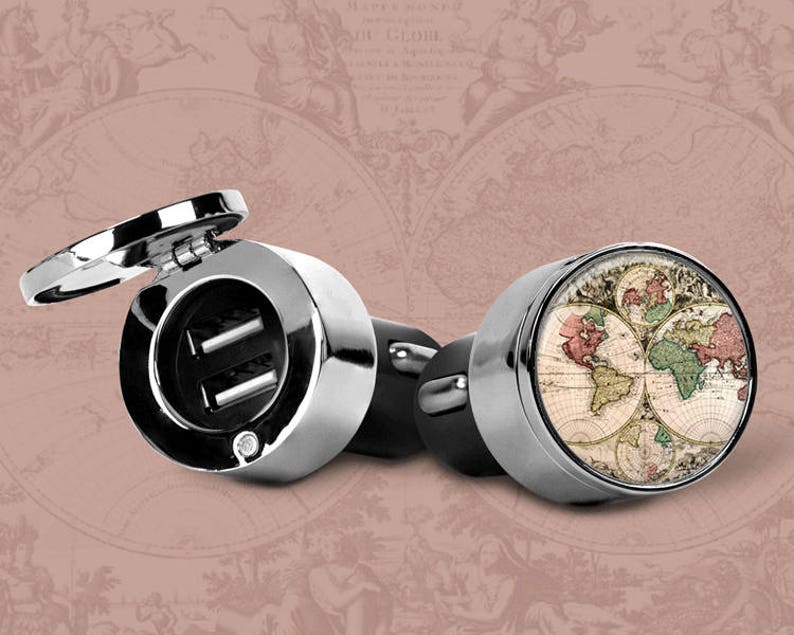 Antique World Map Car Charger USB Cell Phone Tablet Charger Dual Port Stainless Steel Cover