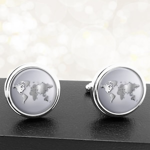 Manschettenknöpfe Weltkarten in Metallic Silber handgefertigte Manschettenknöpfe Väter Väter Männer Französisch Manschette Zubehör