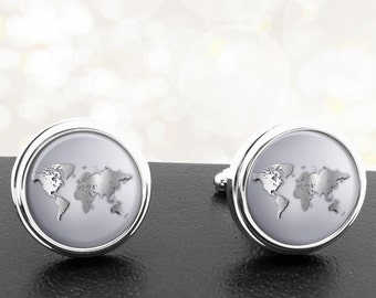 Cufflinks World Maps in Metallic Silver Handmade Cuff Links Fathers Dads Men French Cuff Accessory