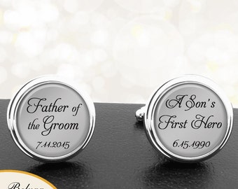 Father of the Groom Cufflinks A Sons First Hero Personalized Cufflinks Handmade Cuff Links for Wedding Men Dads Stepfathers, Fathers