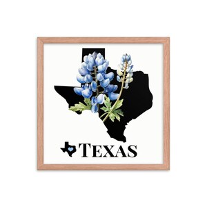 Texas Art Print, State Flower, Bluebonnets, Framed Print, TX Map Gifts, Map Print, Home Decor, Wall Art, Wedding Gifts, Real Estate Gifts