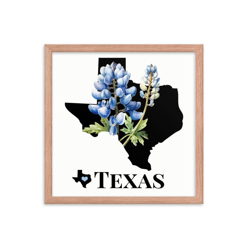 Texas Art Print, State Flower, Bluebonnets, Framed Print, TX Map Gifts, Map Print, Home Decor, Wall Art, Wedding Gifts, Real Estate Gifts