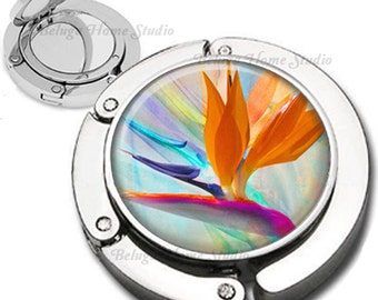 Bird of Paradise Floral Composition Foldable Purse Hook Bag Hanger With Lipstick Compact Mirror