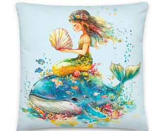 Niedliche wunderliche Meerjungfrau sitzt auf Wal Dekokissen, Sofa, Stuhl Akzent, Home Decor, inklusive Einsatz, Nautik, Küste, Ozean