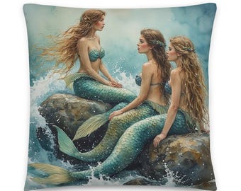 Drei Schwestern Meerjungfrauen am Meer Dekokissen, Sofa, Stuhl Akzent, Housewarming, Home Decor, inklusive Einsatz, nautisch, küstennah