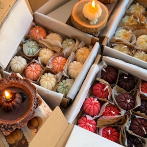 May include: Multiple cardboard boxes filled with small, pumpkin-shaped wax candles in various colours, including white, peach, green, red, and dark burgundy. Some candles are lit, and others are placed on small wooden slices or in decorative holders.