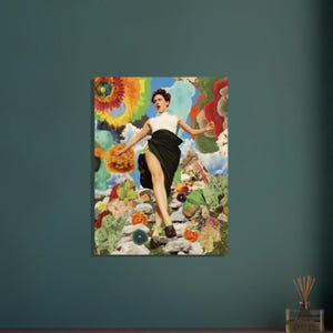 May include: A colorful collage print featuring a person in a white top and black skirt, set against a backdrop of vibrant flowers, clouds, and a rocky landscape. The artwork has a surreal, dreamlike quality.