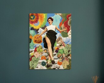 May include: A colorful collage print featuring a person in a white top and black skirt, set against a backdrop of vibrant flowers, clouds, and a rocky landscape. The artwork has a surreal, dreamlike quality.