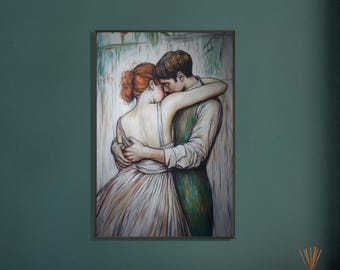 Romantic Couple Art Print, Tender Figurative Poster, Fine Art Wall Decor, Digital Download, Warm Bedroom Illustration, Emotional Home