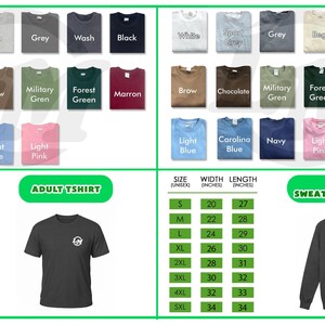 The image is a collage of various t-shirt designs and sizes, including different colors and styles, as well as a size chart for adult t-shirts.