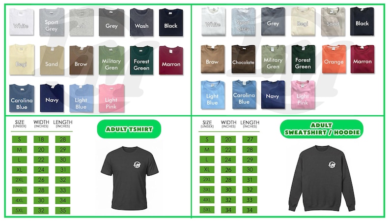 The image is a collage of various t-shirt designs and sizes, including different colors and styles, as well as a size chart for adult t-shirts.