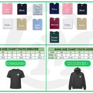 a collection of T-shirts and hoodies in various colors and sizes, arranged in two columns. The first column shows a variety of T-shirts, including navy, light pink, black, light grey, maroon, white, sand, forest green, and light blue, while the second column features a range of hoodies in different sizes, such as XS, S, M, L, X, and XX, as well as a size chart for youth sweaters and a size chart for youth hoodies.