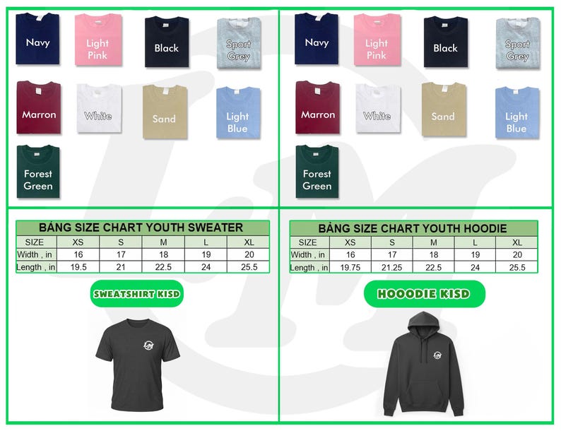 a collection of T-shirts and hoodies in various colors and sizes, arranged in two columns. The first column shows a variety of T-shirts, including navy, light pink, black, light grey, maroon, white, sand, forest green, and light blue, while the second column features a range of hoodies in different sizes, such as XS, S, M, L, X, and XX, as well as a size chart for youth sweaters and a size chart for youth hoodies.