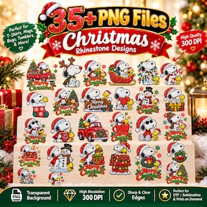 May include: A digital collection of 35 Christmas-themed rhinestone designs featuring Snoopy and Woodstock in various holiday scenes. The graphics include characters with Santa hats, presents, trees, and red trucks, all labeled as high-quality 300 DPI PNG files.