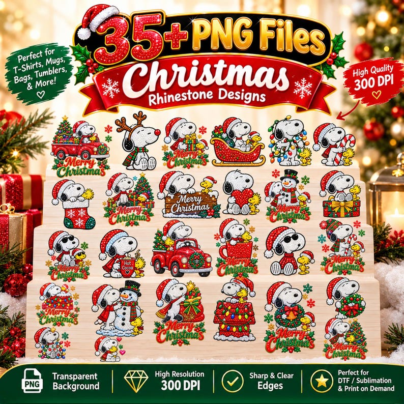 May include: A digital collection of 35 Christmas-themed rhinestone designs featuring Snoopy and Woodstock in various holiday scenes. The graphics include characters with Santa hats, presents, trees, and red trucks, all labeled as high-quality 300 DPI PNG files.