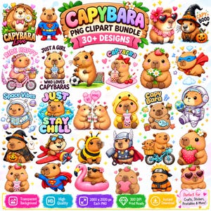 Può includere: Una collezione digitale di oltre 30 illustrazioni di capibara con vari temi, tra cui supereroi, astronauti, animali in costume e motivi stagionali con elementi testuali come Capybara PNG Clipart Bundle e 30+ Designs.