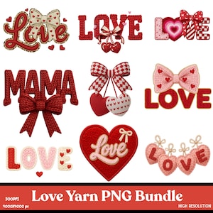 Op de afbeelding: Een verzameling rode en roze garens, waaronder het woord "Love" in verschillende stijlen, strikken, harten en het woord "Mama". Geschikt voor Valentijnsdag of andere romantische thema's. De tekst "Love Yarn PNG Bundle" is ook aanwezig.