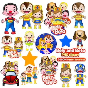 May include: A collection of colorful cartoon character clip art featuring the Bely and Beto characters. The images include various characters, stars, and a red car. Text includes "Bely and Beto PNG clipart" and "300DPI Instant download."