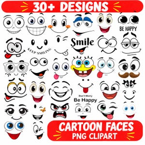 Puede incluir: Una colección de caras de dibujos animados con diversas expresiones, incluyendo sonrisas, guiños y sorpresa. La imagen incluye el texto "30+ DESIGNS", "Smile", "Keep Smiling", "Don't Worry Be Happy", "Be Happy", "CARTOON FACES PNG CLIPART".