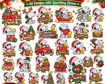 May include: A collection of 35+ digital PNG files featuring Snoopy and Woodstock in various Christmas-themed scenes, all rendered with a sparkling stone texture. The designs include Snoopy in a red truck, with a snowman, and holding gifts.