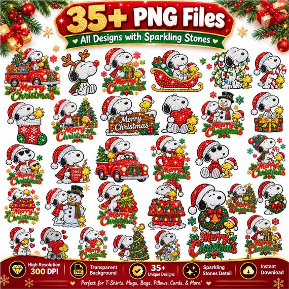 Snoopy Christmas Rhinestone PNG Bundle | 35+ Holiday Designs (Digital Download)