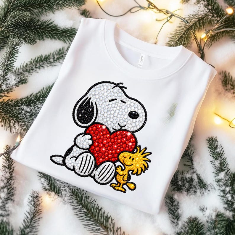May include: A white t-shirt featuring a graphic of the cartoon character Snoopy holding a large red heart, with the character Woodstock standing beside him. The design is composed of small, sparkling rhinestones in white, black, red, and yellow.