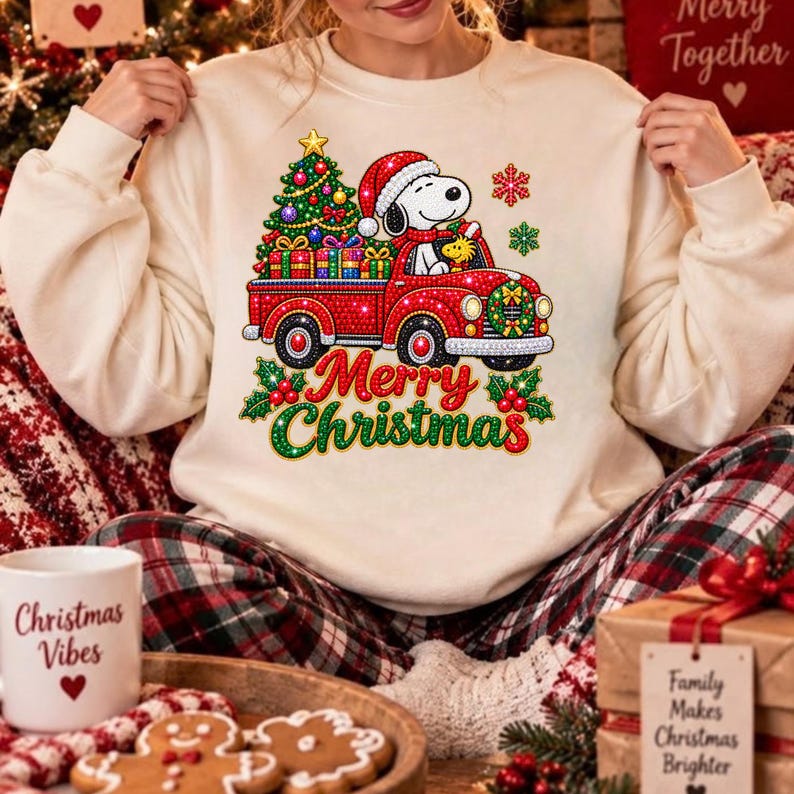 May include: A cream-colored crewneck sweatshirt featuring a graphic of a red pickup truck carrying a decorated Christmas tree and gifts. Snoopy and Woodstock are in the truck. The text Merry Christmas is printed below in red and green.