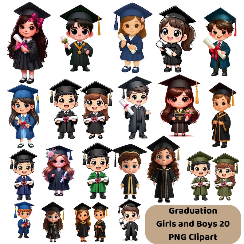 Graduation Girls and Boys PNG Clipart Bundle | 20 Chibi Graduates ...