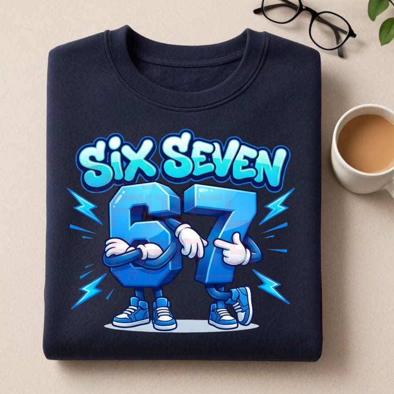 May include: Navy blue sweatshirt featuring the text "SIX SEVEN" in a blue, cartoon-style font. The numbers 6 and 7 are depicted as cartoon characters with arms, legs, and sneakers. Lightning bolt graphics are on either side.
