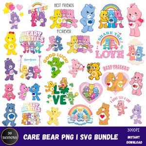 Care Bear Clipart-paket, regnbågsfärgade tecknade björnar, PNG SVG (digital nedladdning)