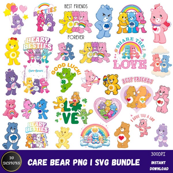 Care Bear Clipart Bundle, Rainbow Cartoon Bears, PNG SVG (Digital Download)
