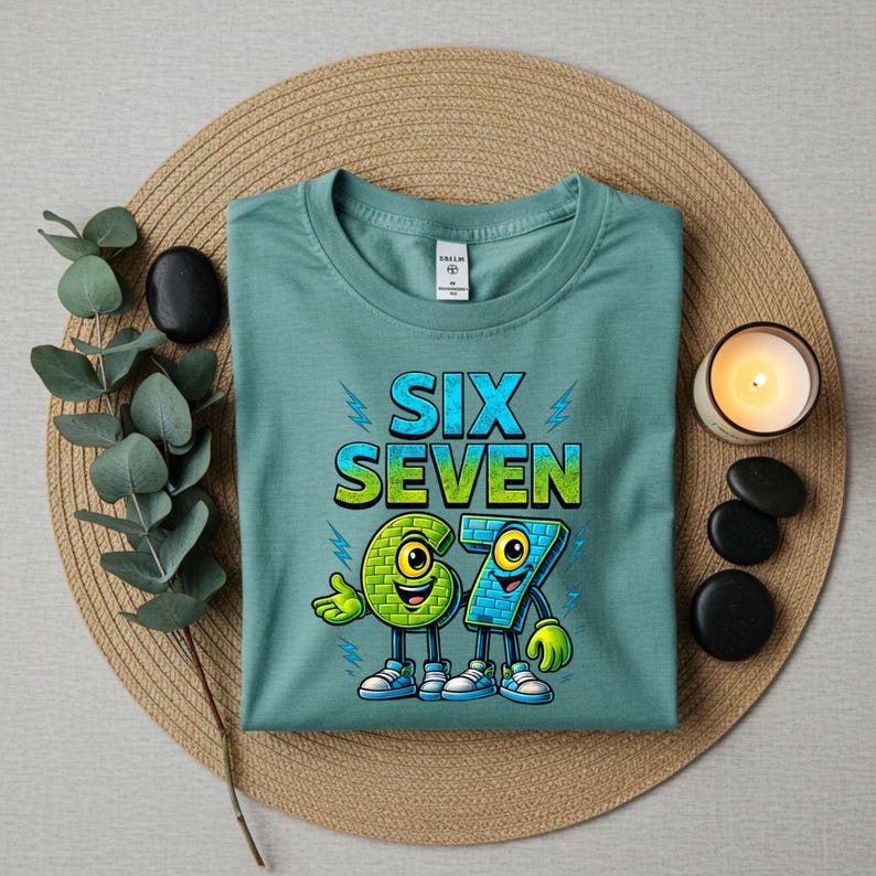 May include: A teal t-shirt with the words "SIX SEVEN" in a gradient blue and green font, with lightning bolt accents. Below, cartoon numbers 6 and 7 with faces and sneakers. The shirt is on a woven mat with a candle and decorative stones.